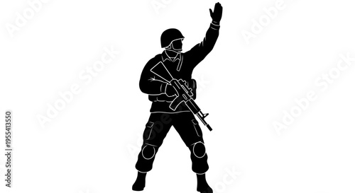 A soldier stands with a gun and raises their hand in a gesture.