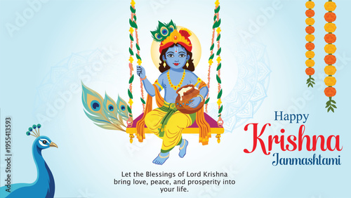 Krishna Janmashtami: A festive illustration of Lord Krishna, a central figure in the Hindu religion, in a celebratory pose with peacock feather.