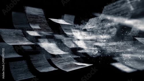 Abstract blurred documents floating in dark space, conceptual chaos.