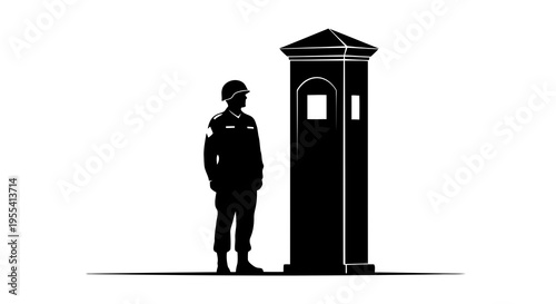 A police officer standing beside a police call box in a simple graphic illustration.
