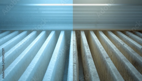 Abstract Perspective of Parallel White Slats with Blue Background.