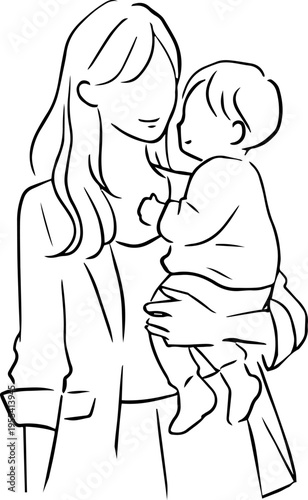 赤ちゃんを抱っこする笑顔の母親のベクターイラスト 　スーツ　出勤