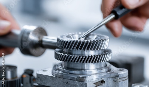 Close-up of gears being inspected with a tool.