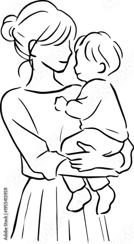 赤ちゃんを抱っこするお母さんの線画ベクターイラスト