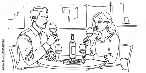 Continuous One Line Drawing of Couple Enjoying Wine Tasting Date
