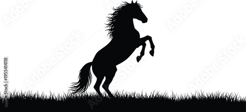Black silhouette of a powerful wild horse rearing up on its hind legs in a grassy field meadow isolated on white background for vector design.