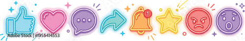 Vibrant Neon Social Media Reaction Icon Set Featuring Thumbs Up Heart Chat Bubble Notification Bell Star and Emoji Symbols for Digital Interface Design