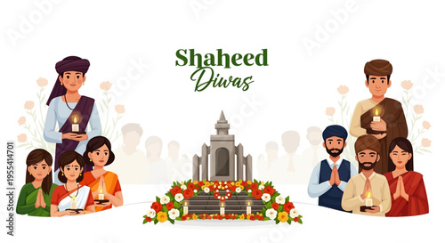 Illustration of diverse Indian families and a monument with flowers, commemorating Shaheed Diwas and Martyrs Day in India with a tribute to freedom fighters.