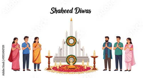 Illustration of people paying tribute to martyrs on Shaheed Diwas with a monument and floral decorations in a solemn ceremony.