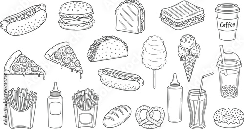 Fast food and street snacks hand drawn doodle line art vector set with burger pizza hot dog fries tacos coffee ice cream and donuts.