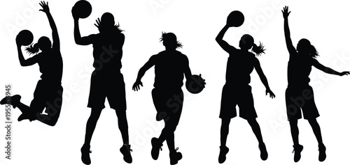 Female basketball player silhouettes set in various action poses like jumping, dribbling, and shooting, isolated on white background for sports graphic design and vector illustrations.