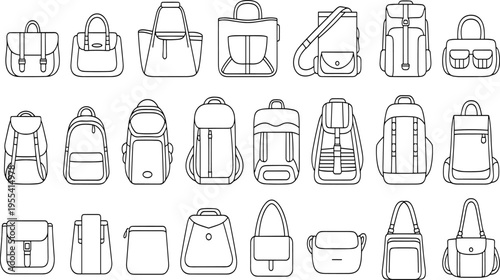 Black line drawings of diverse bags including briefcases, handbags, totes, backpacks, satchels, purses, and pouches, showcasing fashion accessories, product design, and minimal vector art