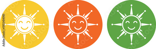 Happy Sun Rays Icon Set with Smiling Sunshine Symbols for Positive Weather Mood, Summer Energy, Bright Day Expression, and Joyful Nature Design
