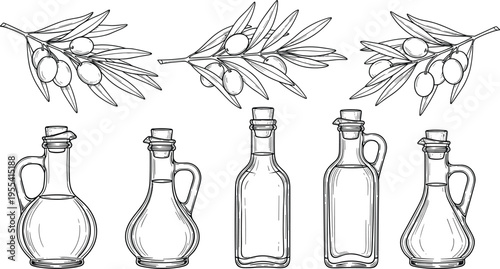 Hand-drawn vector illustration set of olive oil glass bottles and olive branches with fruits in black and white sketch style for kitchen decor.
