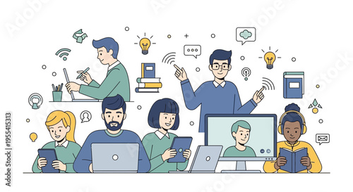 Diverse group learning online with laptops, tablets, and video calls, connected by wifi.