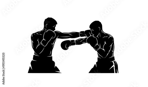 Two boxers silhouette vector logo fighting sports combat action isolated on white