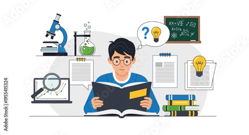 Student reading book with science and math elements, idea lightbulb, microscope, chemistry.