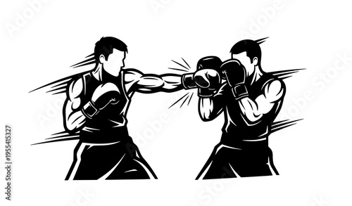 Boxing fight silhouette vector icon two athletes mid punch isolated on white