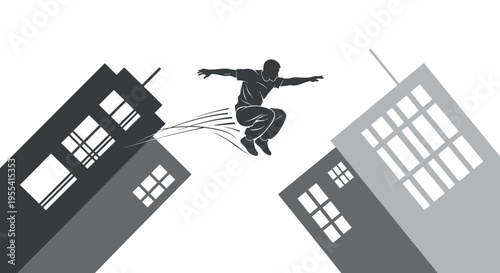 Silhouette of a man parkour jumping between two abstract buildings against a white background