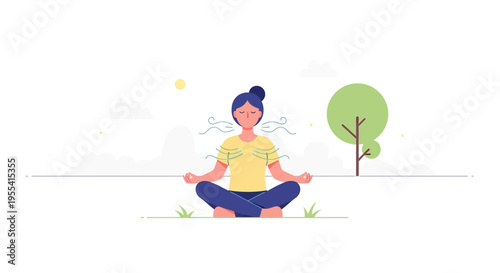 Woman Meditating Outdoors in Nature, Practicing Mindfulness and Deep Breathing