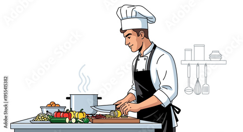 Chef preparing food in kitchen, chopping vegetables, cooking pot steaming, healthy ingredients