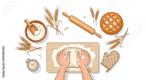 Baking Process: Hands kneading dough with ingredients and tools, top view