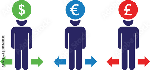 User Currency Exchange Icon Set with Dollar Euro Pound Head Symbols for Financial Transfer, Money Conversion, International Banking, and Payment Transaction Design