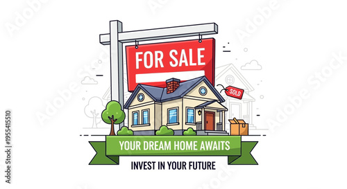 For Sale Sign and House Illustration: Your Dream Home Awaits