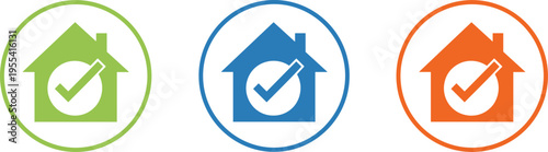 House Verification Check Icon Set with Home Approval Symbols for Property Validation, Residential Security Assurance, Real Estate Certification, and Housing Compliance Design