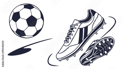 Soccer ball and cleats set with dynamic lines, minimal sports equipment illustration, football gear and active game concept