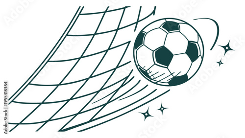 Soccer ball hitting goal net with sparkles, dynamic football scoring moment, minimal sports illustration and victory concept