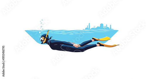 Scuba diver exploring underwater world with city skyline silhouette