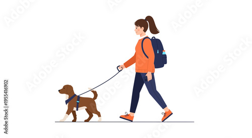 Woman walking dog on leash, illustration, outdoor activity, pet companionship, healthy lifestyle