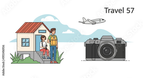 Couple with Camera and Airplane, Travel Illustration