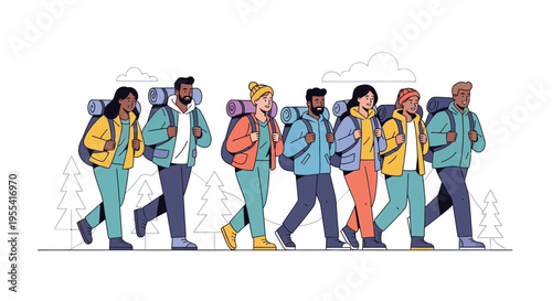 Diverse group of hikers with backpacks trekking in nature, outdoor adventure illustration