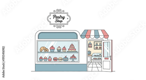 Cute Pastry Shop Exterior Illustration with Displayed Sweets and Open Door