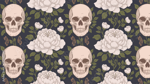 A psychedelic optical art pattern featuring skulls and flowers creates a vibrant design.