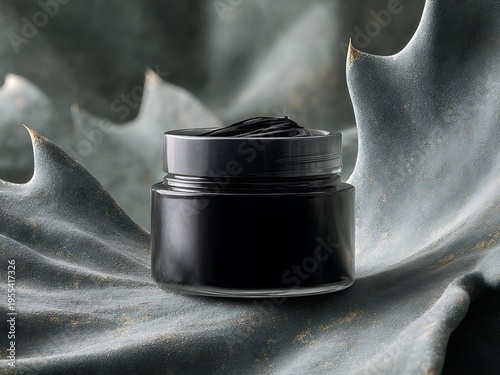 Black cosmetic jar mock-up on dark succulent leaf background, luxury organic skincare and natural beauty product concept