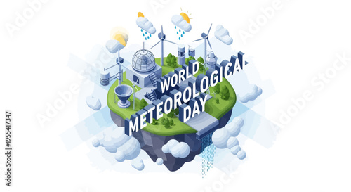 Illustration of Earth with meteorological symbols and 'World Meteorological Day' text on a white background with clouds.