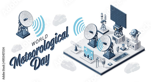 Isometric illustration of a meteorology station with satellite dishes and monitoring equipment on a white background, celebrating World Meteorological Day with a blue and white color scheme.