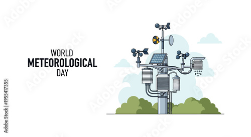 Vector illustration of a weather station on World Meteorological Day 2026 with green bushes and blue sky background, promoting meteorology awareness.