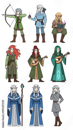 A Collection of Fantasy Elves in Various Poses and Attires for Roleplaying Games
