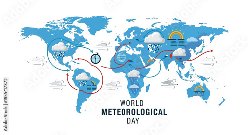 Illustration of a world map with weather symbols and routes on World Meteorological Day against a clean white background.