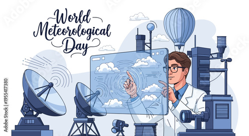 Illustration of a meteorologist presenting weather data on a screen with satellite equipment around him on World Meteorological Day.