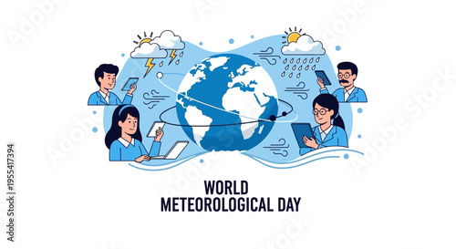 Illustration of people working around a globe on World Meteorological Day with a design theme for meteorology awareness.