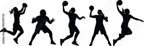 Set of athletic female basketball players silhouettes in various action poses like jumping, shooting, dribbling, and defending isolated on white background for sports design.