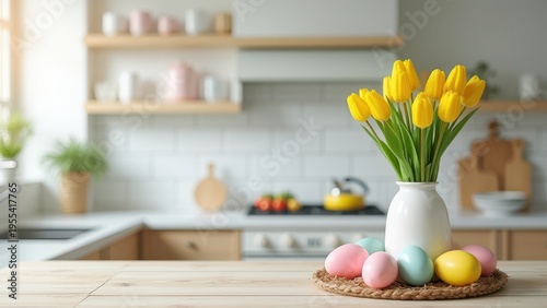easter decorations on table with copy space in modern kitchen interior spring holiday concept