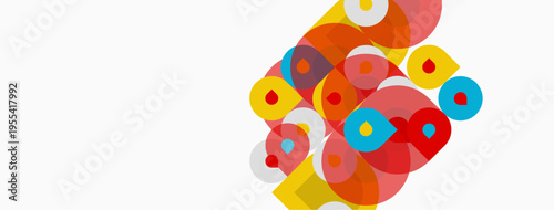 Abstract colorful overlapping circles create dynamic composition. Bright hues dominate white background, suggesting energy, movement.