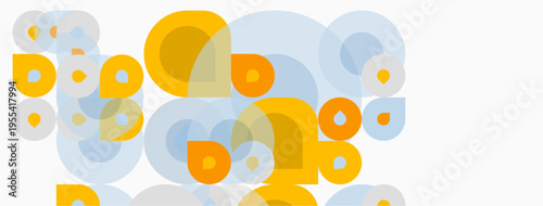 Abstract circles overlap, creating soft gradients. Yellows, oranges, blues dominate composition. Minimalist design evokes playful energy.