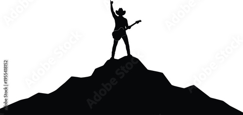 Silhouette of a country rock musician in a cowboy hat holding an electric guitar and raising a hand on a mountain peak over white background